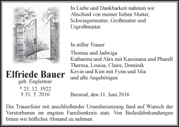 Traueranzeige von Elfriede Bauer von  Gießener Anzeiger