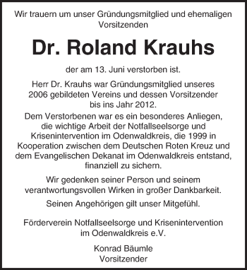 Traueranzeige von Roland Krauhs von Trauerportal Echo Online