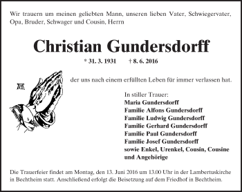 Traueranzeige von Christian Gundersdorff von  Wormser Zeitung