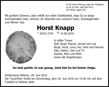 Traueranzeige von Horst Knapp von  Gießener Anzeiger