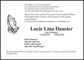 Traueranzeige von Lucie Lina Dauster von Trauerportal Rhein Main Presse