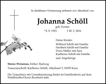 Traueranzeige von Johanna Schöll von  Allgemeine Zeitung Mainz
