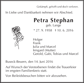 Traueranzeige von Petra Stephan von  Gießener Anzeiger
