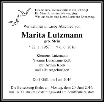 Traueranzeige von Marita Lutzmann von  Gießener Anzeiger