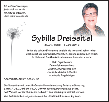 Traueranzeige von Sybille Dreiseitel von VRM Trauer