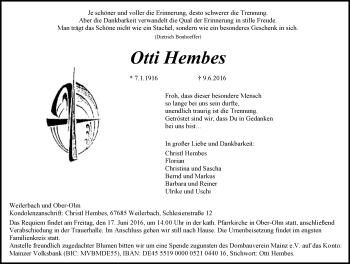 Traueranzeige von Otti Hembes von Trauerportal Rhein Main Presse