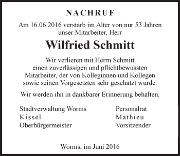 Traueranzeige von Wilfried Schmitt von Trauerportal Rhein Main Presse