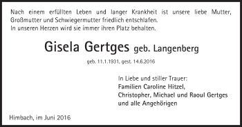 Traueranzeige von Gisela Gertges von  Kreisanzeiger