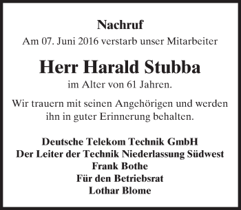 Traueranzeige von Harald Stubba von Trauerportal Echo Online