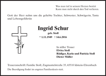 Traueranzeige von Ingrid Schur von Trauerportal Rhein Main Presse