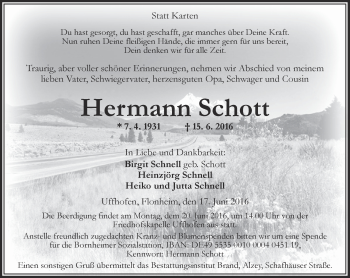 Traueranzeige von Hermann Schott von Trauerportal Rhein Main Presse