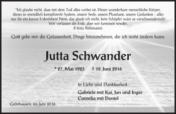 Traueranzeige von Jutta Schwander von  GT Extra