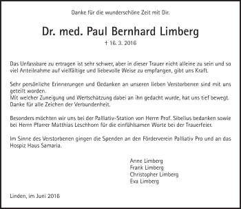 Traueranzeige von Bernhard Limberg von  Gießener Anzeiger