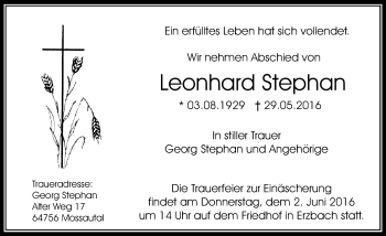 Traueranzeige von Leonhard Stephan von Trauerportal Echo Online
