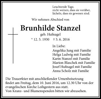 Traueranzeige von Brunhilde Stanzel von  Gießener Anzeiger