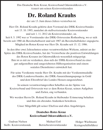 Traueranzeige von Roland Krauhs von Trauerportal Echo Online