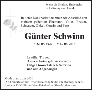 Traueranzeige von Günter Schwinn von Trauerportal Echo Online