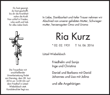 Traueranzeige von Ria Kurz von Trauerportal Echo Online