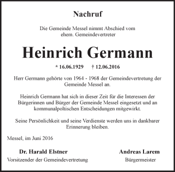 Traueranzeige von Heinrich Germann von Trauerportal Echo Online