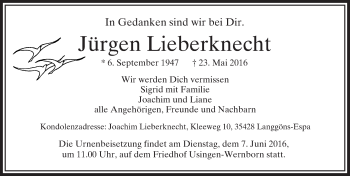 Traueranzeige von Jürgen Lieberknecht von  Usinger Anzeiger