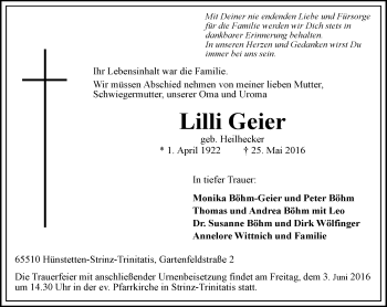 Traueranzeige von Lilli Geier von  Wiesbaden komplett