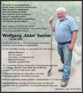 Traueranzeige von Wolfgang Sacher von  Usinger Anzeiger