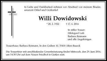 Traueranzeige von Willi Dowidowski von  Gießener Anzeiger