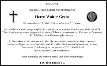 Traueranzeige von Walter Grebe von  Kreisanzeiger