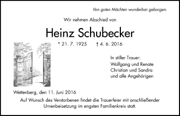 Traueranzeige von Heinz Schubecker von  Gießener Anzeiger