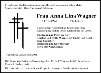 Traueranzeige von Anna Lina Wagner von  Gießener Anzeiger