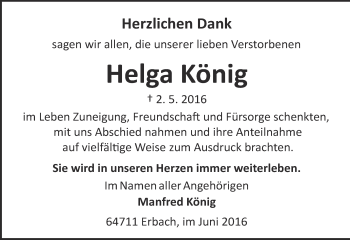 Traueranzeige von Helga König von Trauerportal Echo Online