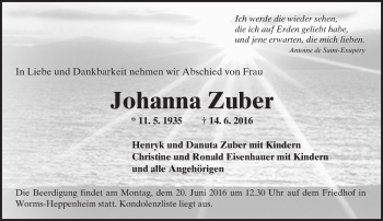 Traueranzeige von Johanna Zuber von Trauerportal Rhein Main Presse