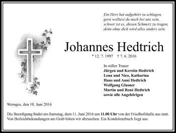 Traueranzeige von Johannes Hedtrich von VRM Trauer