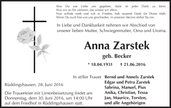Traueranzeige von Anna Zarstek von  Gießener Anzeiger
