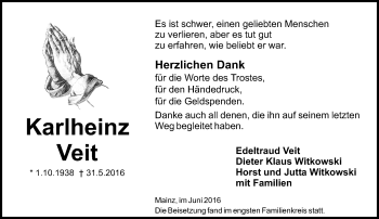 Traueranzeige von Karlheinz Veit von Trauerportal Rhein Main Presse