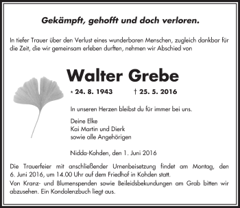 Traueranzeige von Walter Grebe von  Kreisanzeiger