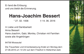 Traueranzeige von Hans-Joachim Bessert von Trauerportal Echo Online