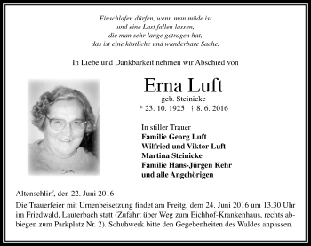 Traueranzeige von Erna Luft von VRM Trauer