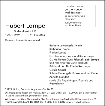 Traueranzeige von Hubert Lampe von Trauerportal Rhein Main Presse