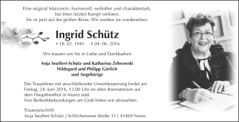 Traueranzeige von Ingrid Schütz von  Allgemeine Zeitung Mainz