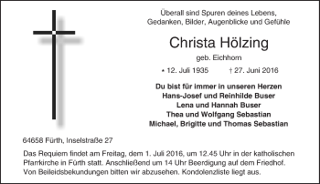 Traueranzeige von Christa Hölzing von Trauerportal Echo Online