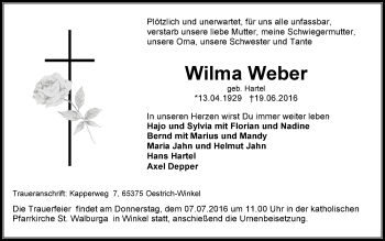 Traueranzeige von Wilma Weber von Trauerportal Rhein Main Presse