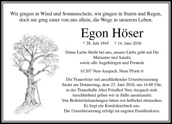 Traueranzeige von Egon Höser von  Usinger Anzeiger Traueranzeige von Egon Höser von  Usinger Anzeiger