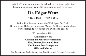Traueranzeige von Edgar Wenz von  Hofheimer Zeitung