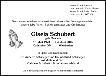 Traueranzeige von Gisela Schubert von  Wiesbaden komplett