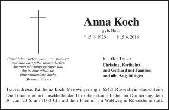 Traueranzeige von Anna Koch von Trauerportal Rhein Main Presse