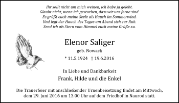 Traueranzeige von Elenor Saliger von Trauerportal Rhein Main Presse