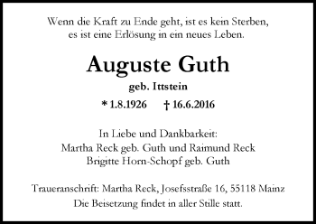 Traueranzeige von Auguste Guth von Trauerportal Rhein Main Presse