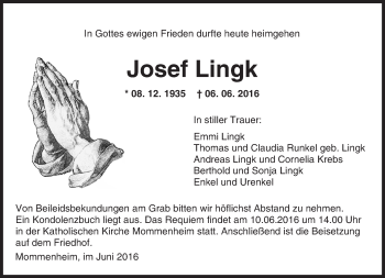 Traueranzeige von Josef Lingk von  Allgemeine Zeitung Mainz