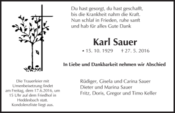 Traueranzeige von Karl Sauer von Trauerportal Echo Online